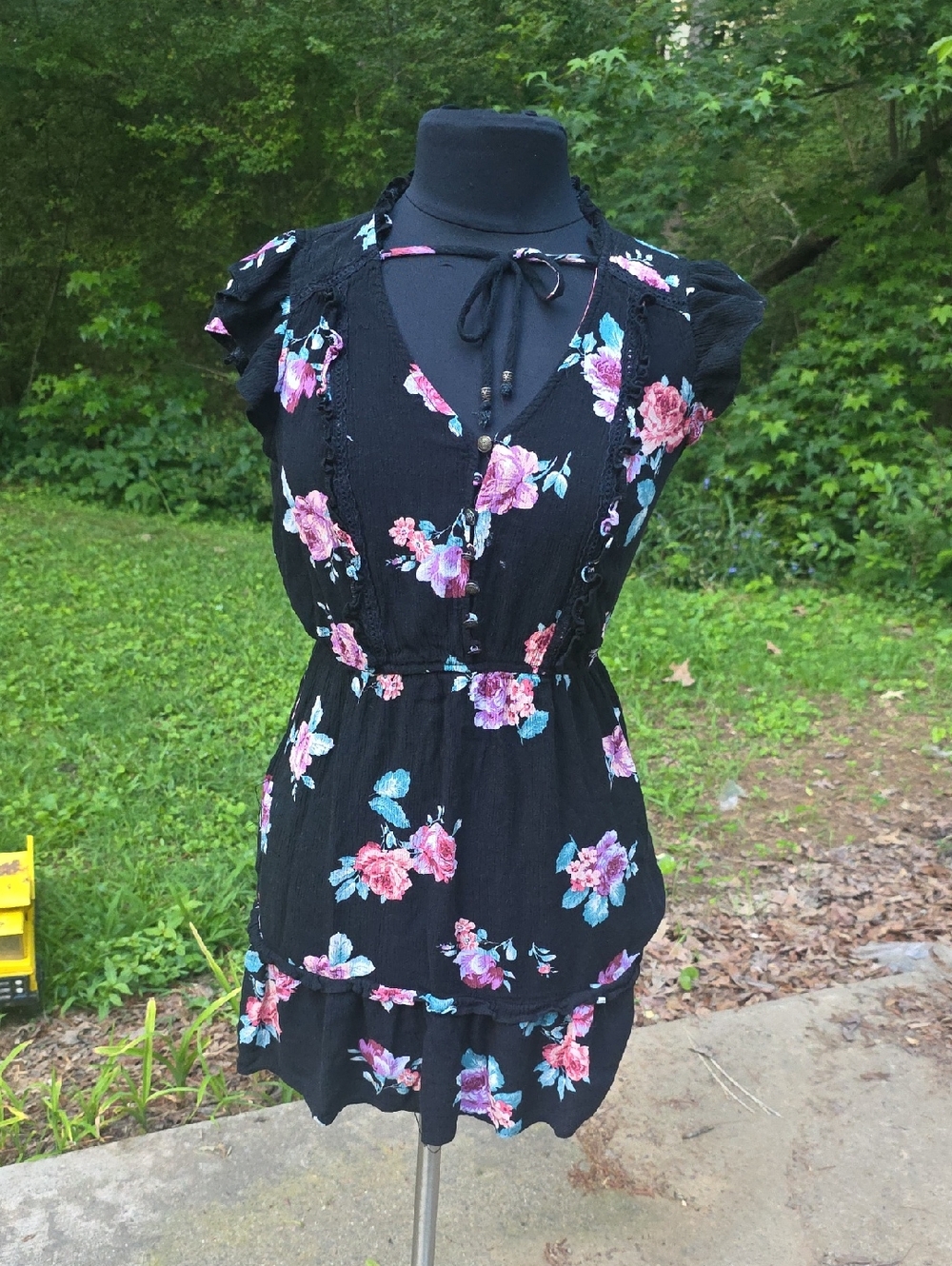 Xhilaration Black Top with Pink and Teal Floral Trim